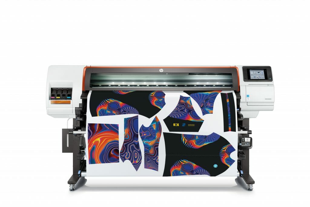 HP Stitch S300 Dye Sublimation Printer with demonstrative print of thermal Damascus texture