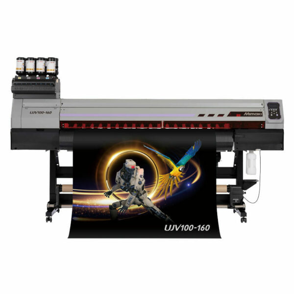 Front-facing UJV100-160 UV Printer with demo print graphic of robot and Macaw