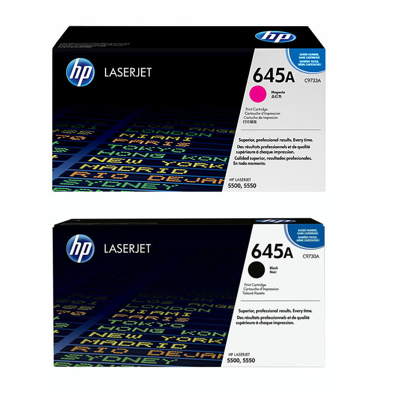 Set of 2 HP LaserJet Boxes; 645A Magenta & Black. "Superior professional results every time"