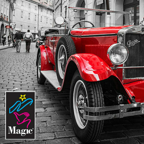 GFIOP Durable Poster Paper; Black & White background with a red-highlighted car right facing