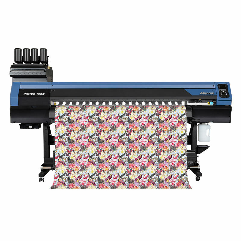 Black and Blue Mimaki TS100-1600 Dye Sublimation Printer with demo floral pattern print