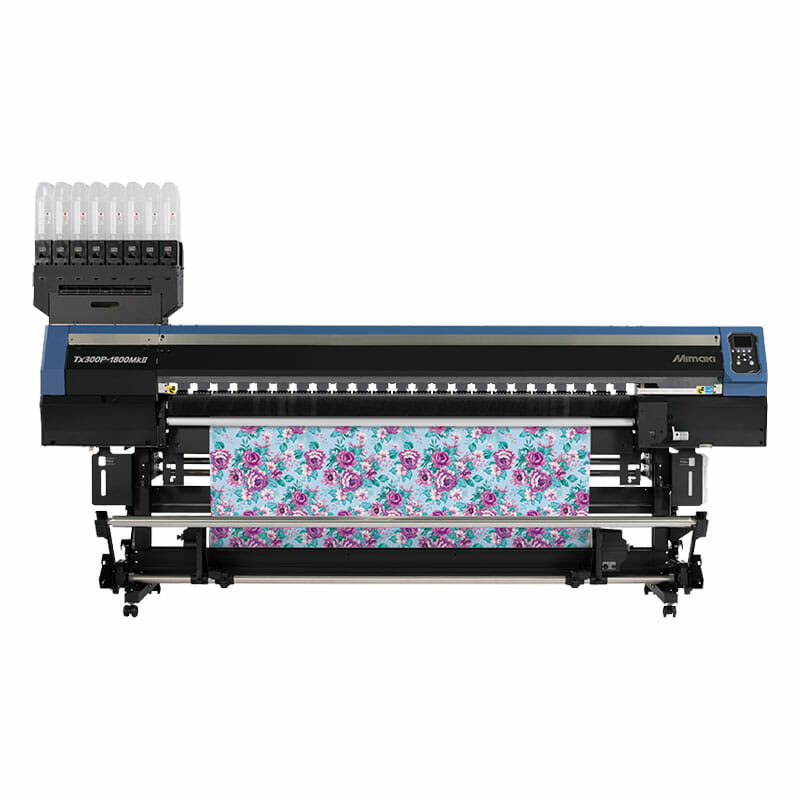 Front Facing Black and Blue Mimaki TX300P-1800MKII with demo floral pattern print